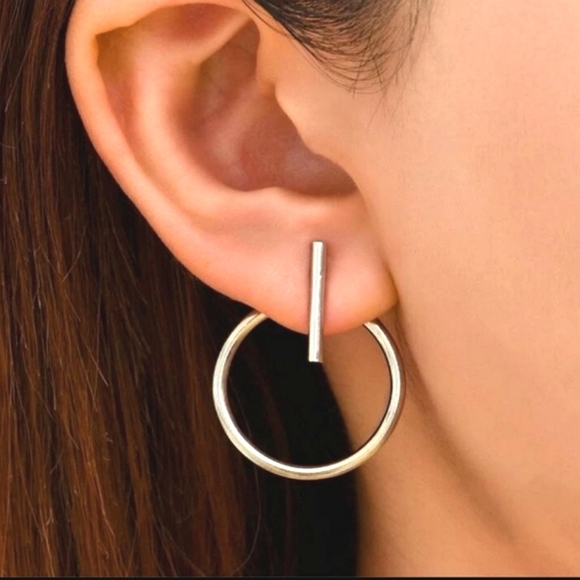 Modern Minimalist Silver Hoop and Bar Wrap Earrings - Picture 1 of 4
